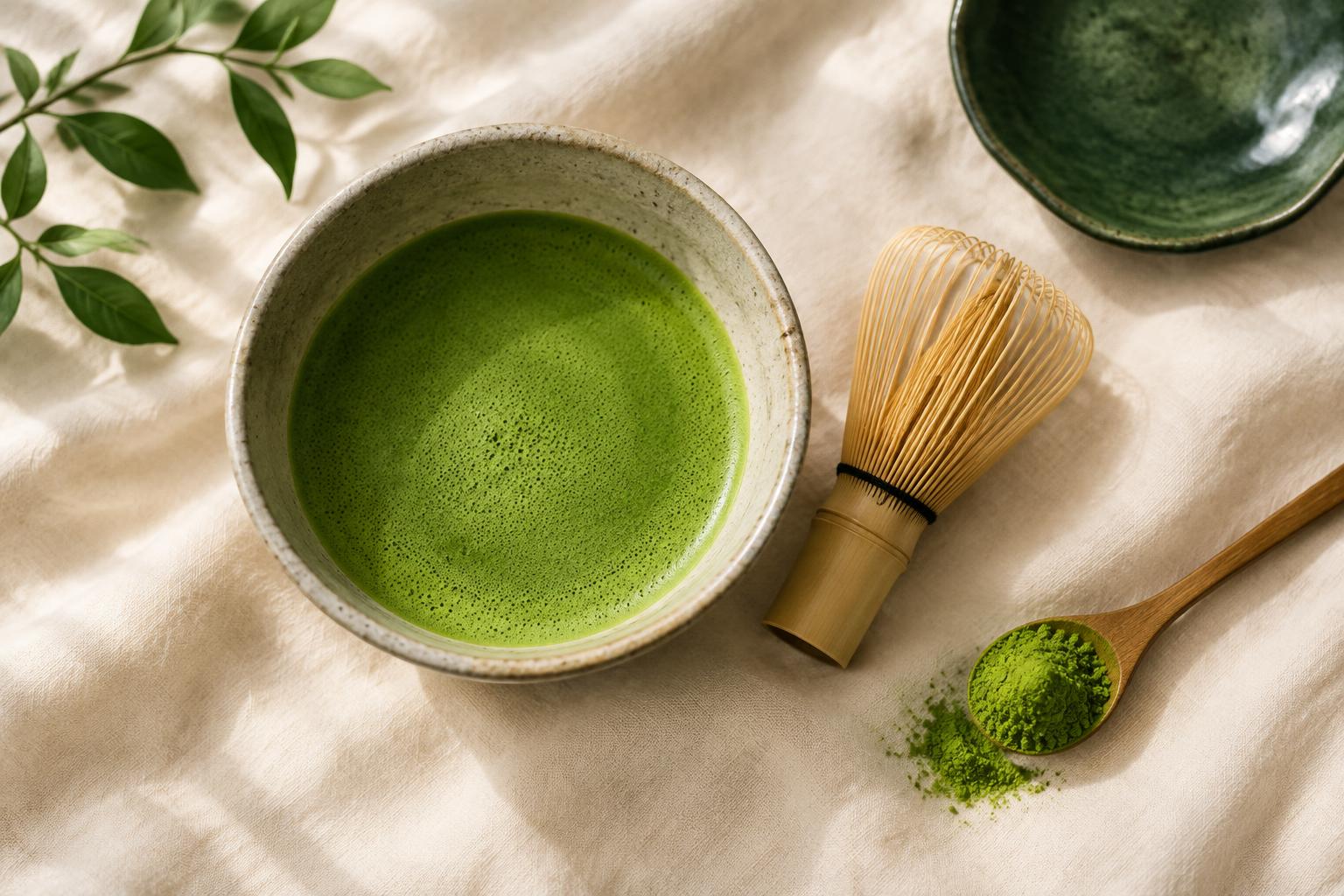 A bowl of whisked matcha with a bamboo whisk and scoop on cream linen